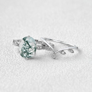 2.0ct Oval Cut Moss Agate Rose Gold Vine Leafy Ring Set 2pcs