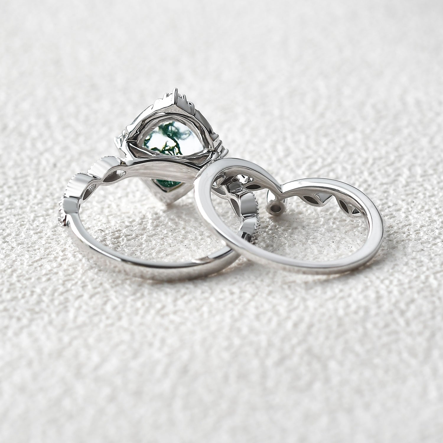 Oval Moss Agate & Moissanite Floral Ring Set 2pcs