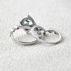 Oval Moss Agate & Moissanite Floral Ring Set 2pcs