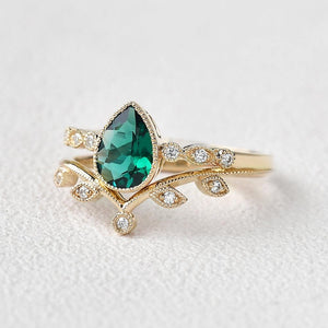 Pear Shaped Lab Emerald Yellow Gold Ring Set 2pcs