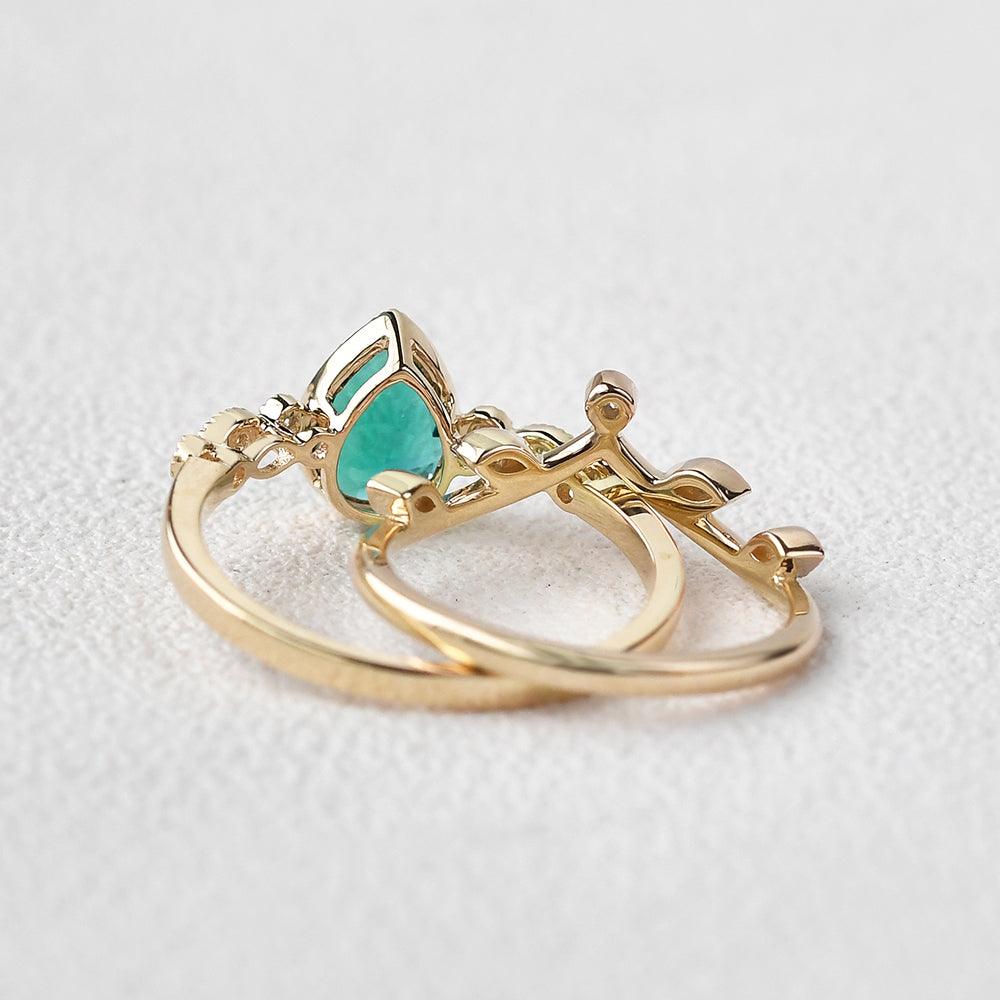 Pear Shaped Lab Emerald Yellow Gold Ring Set 2pcs
