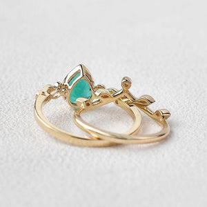 Pear Shaped Lab Emerald Yellow Gold Ring Set 2pcs