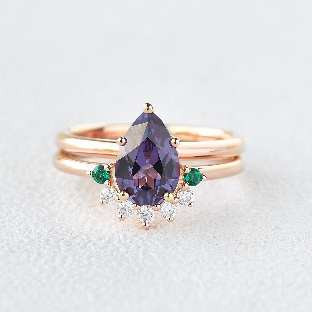 Alexandrite & Emerald & Moissanite Pear Shaped Gold Ring Set 2pcs