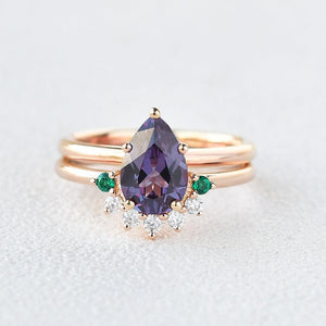 Alexandrite & Emerald & Moissanite Pear Shaped Gold Ring Set 2pcs