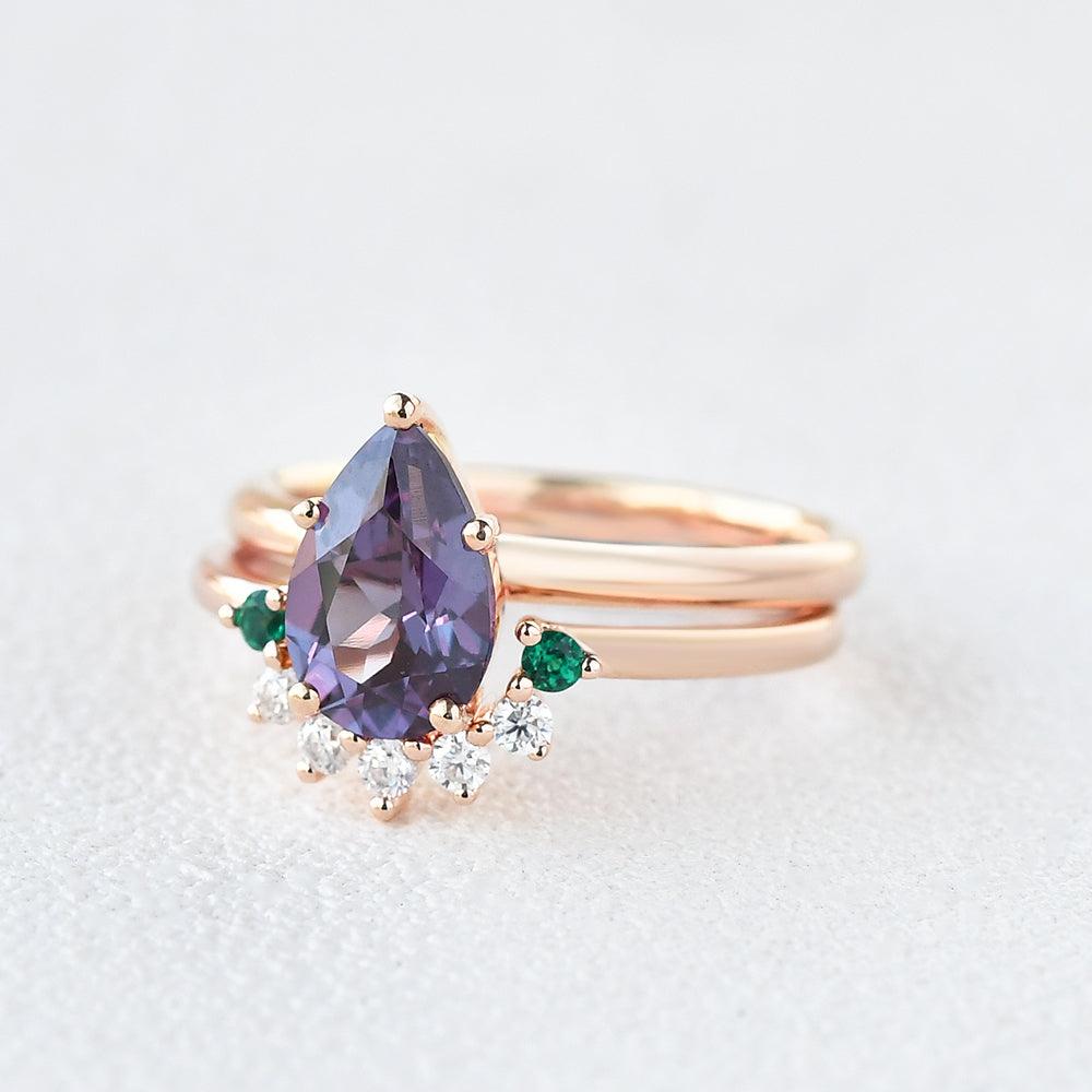 Alexandrite & Emerald & Moissanite Pear Shaped Gold Ring Set 2pcs