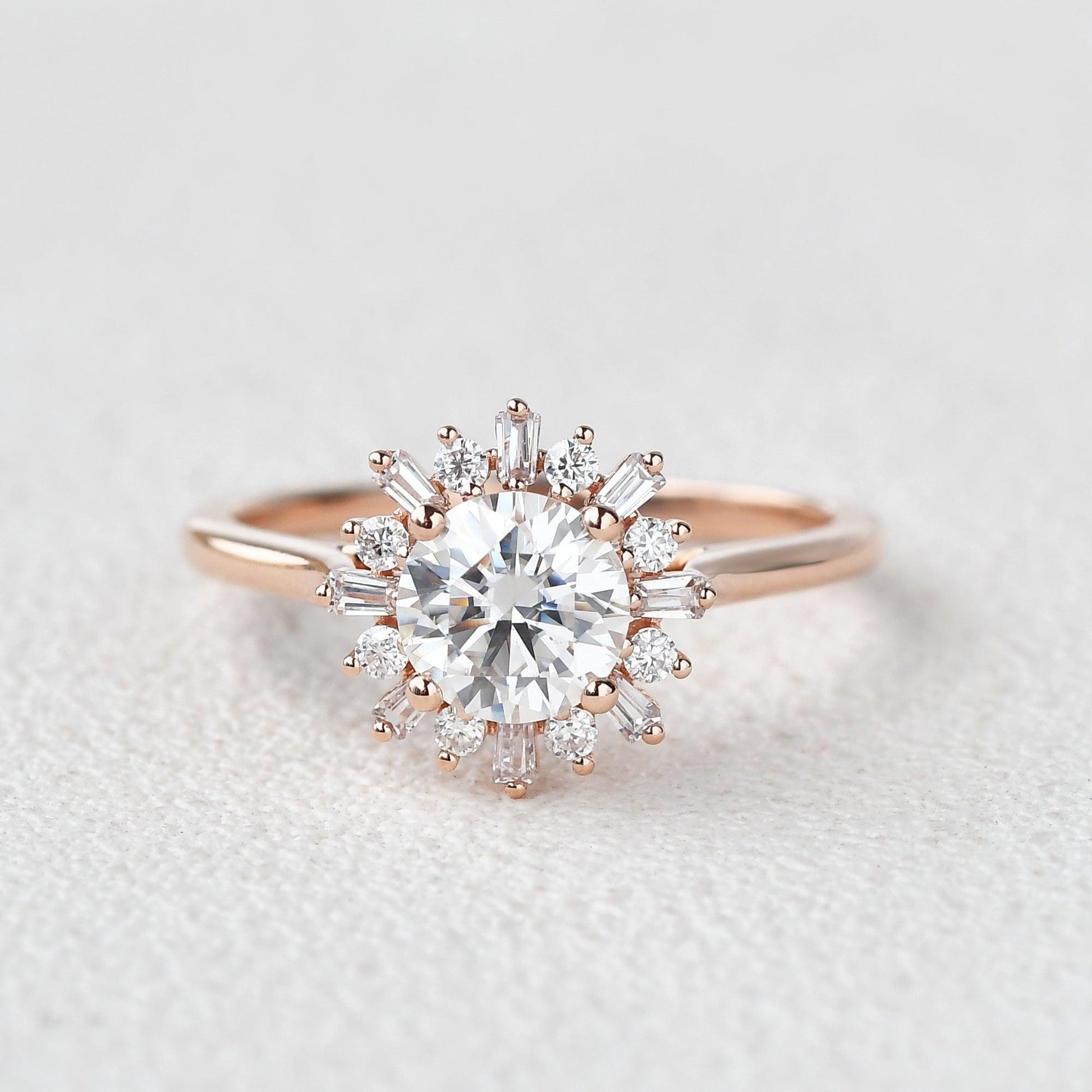 Sunflower Moissanite Halo Yellow Gold Inspired Ring