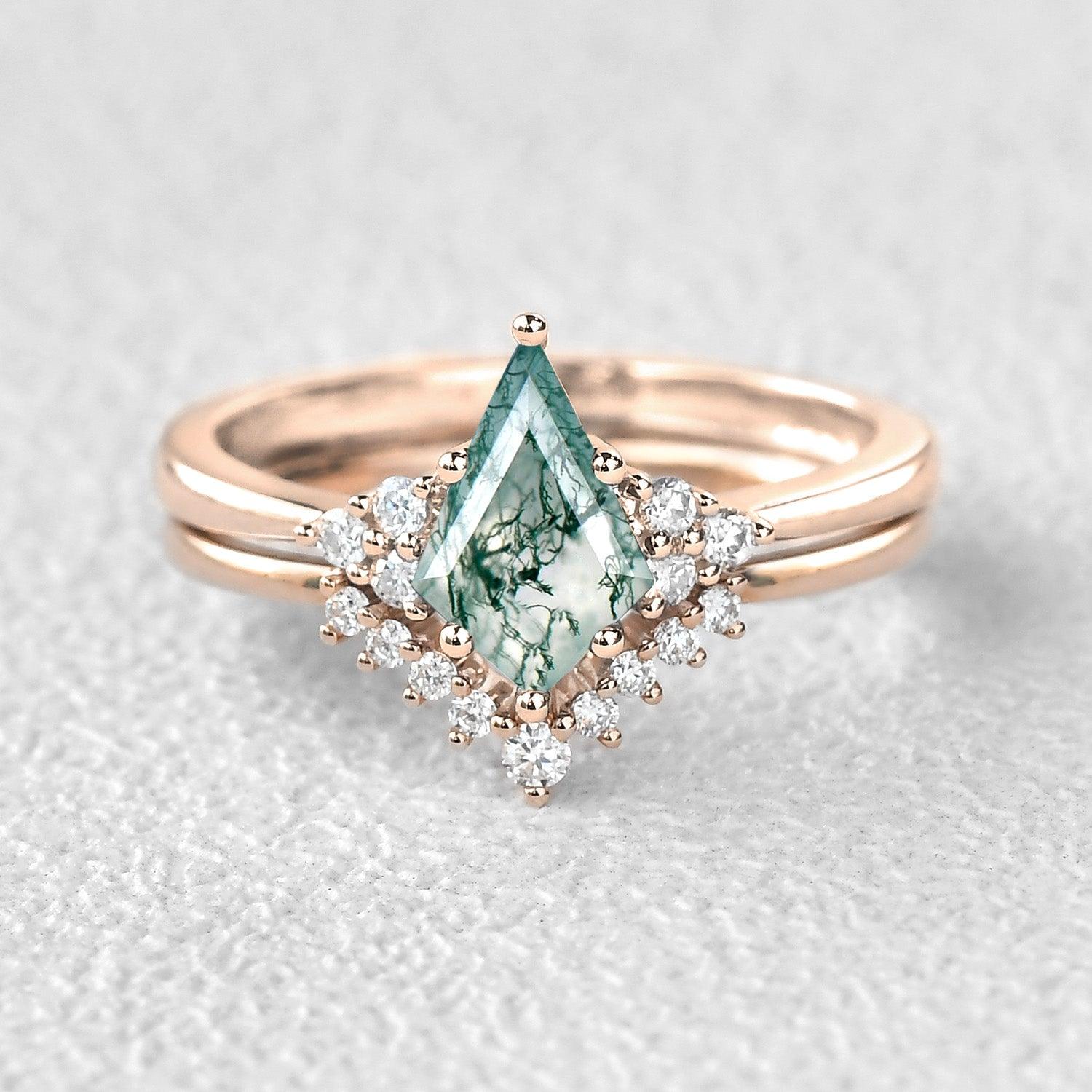 Signature Vintage Moss Agate Engagement Ring Set 2pcs