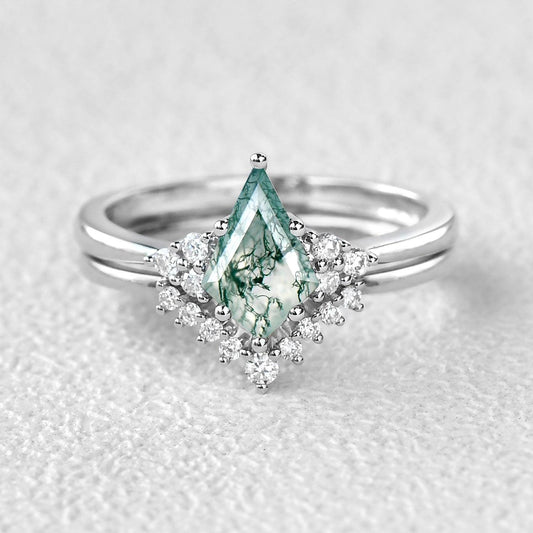 Signature Vintage Moss Agate Engagement Ring Set 2pcs