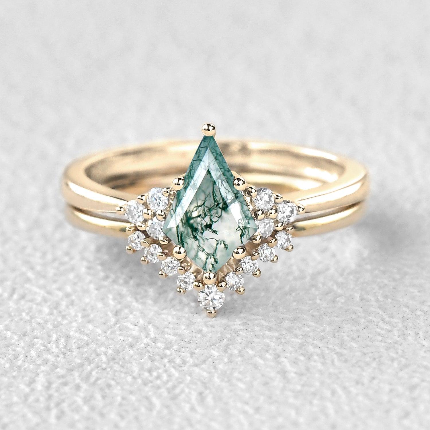 Signature Vintage Moss Agate Engagement Ring Set 2pcs