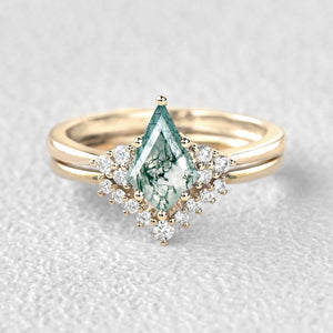 Signature Vintage Moss Agate Engagement Ring Set 2pcs