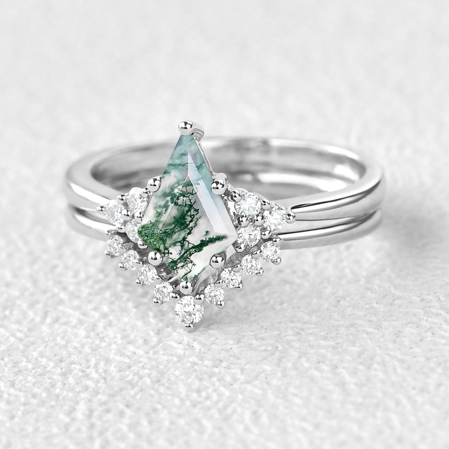 Signature Vintage Moss Agate Engagement Ring Set 2pcs