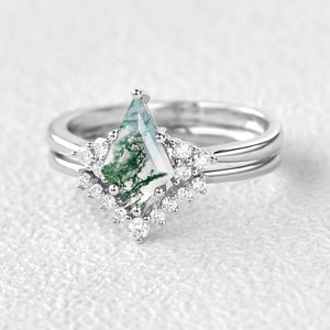 Signature Vintage Moss Agate Engagement Ring Set 2pcs