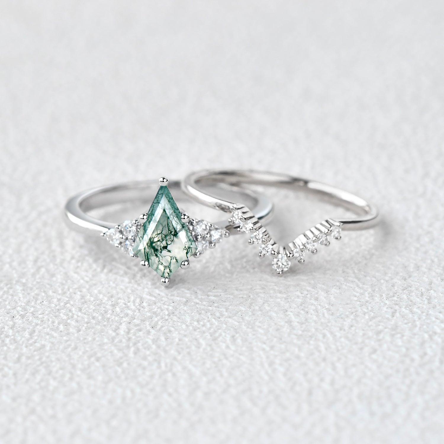 Signature Vintage Moss Agate Engagement Ring Set 2pcs