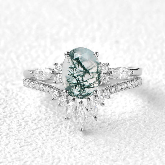 Rebecca 1.5ct Oval Cut Moss Agate Engagement Ring Set 2pcs