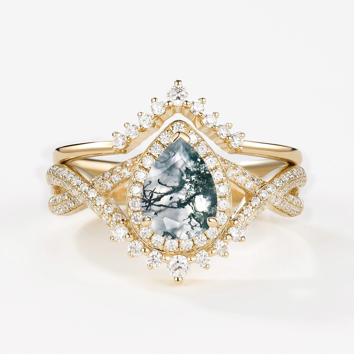 Pear Moss Agate Halo Infinity Ring Set 2pcs - Valentina