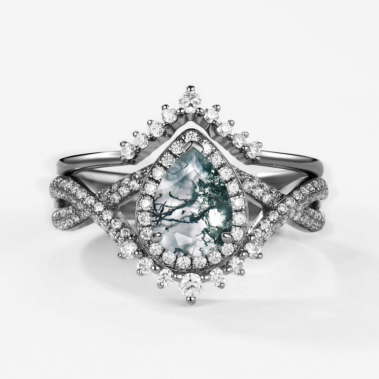 Pear Moss Agate Halo Infinity Ring Set 2pcs - Valentina