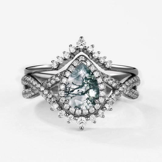 Black Gold Pear Moss Agate Halo Infinity Ring Set 2pcs - Valentina