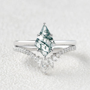 Kite Cut Moss Agate Cluster Engagement Ring Set 2pcs