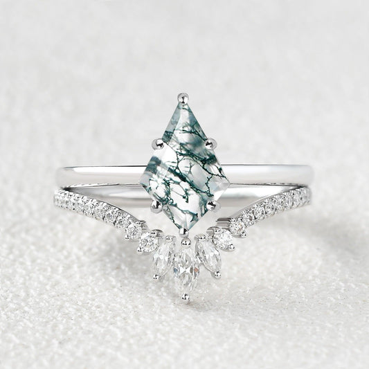 Kite Cut Moss Agate Cluster Engagement Ring Set 2pcs