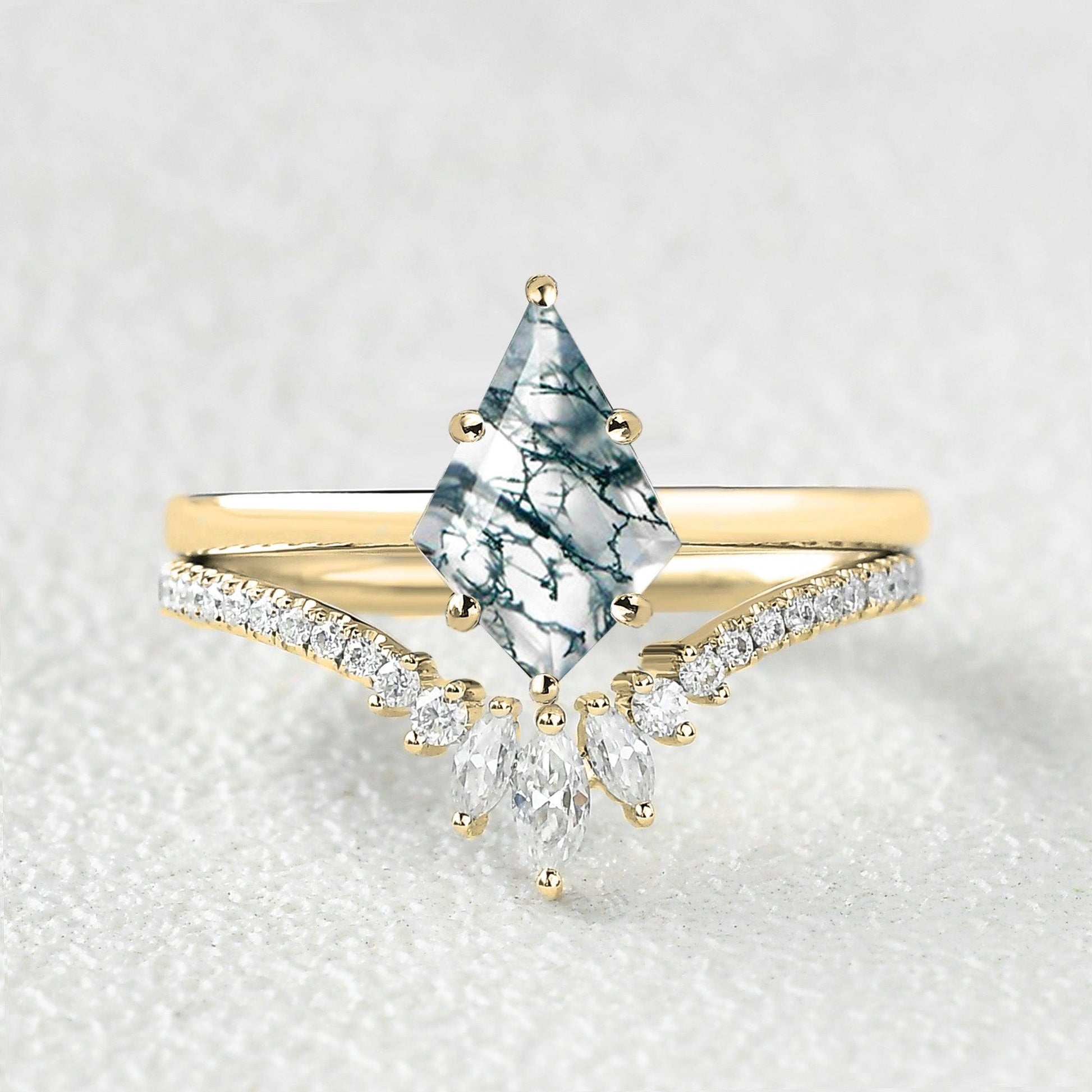Kite Cut Moss Agate Cluster Engagement Ring Set 2pcs