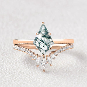 Kite Cut Moss Agate Cluster Engagement Ring Set 2pcs
