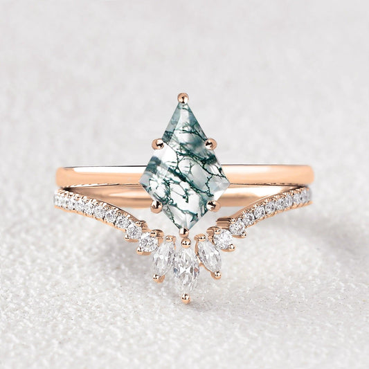 Kite Cut Moss Agate Cluster Engagement Ring Set 2pcs