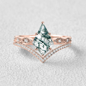 Kite Cut Moss Agate Art-Deco Engagement Ring Set 2pcs