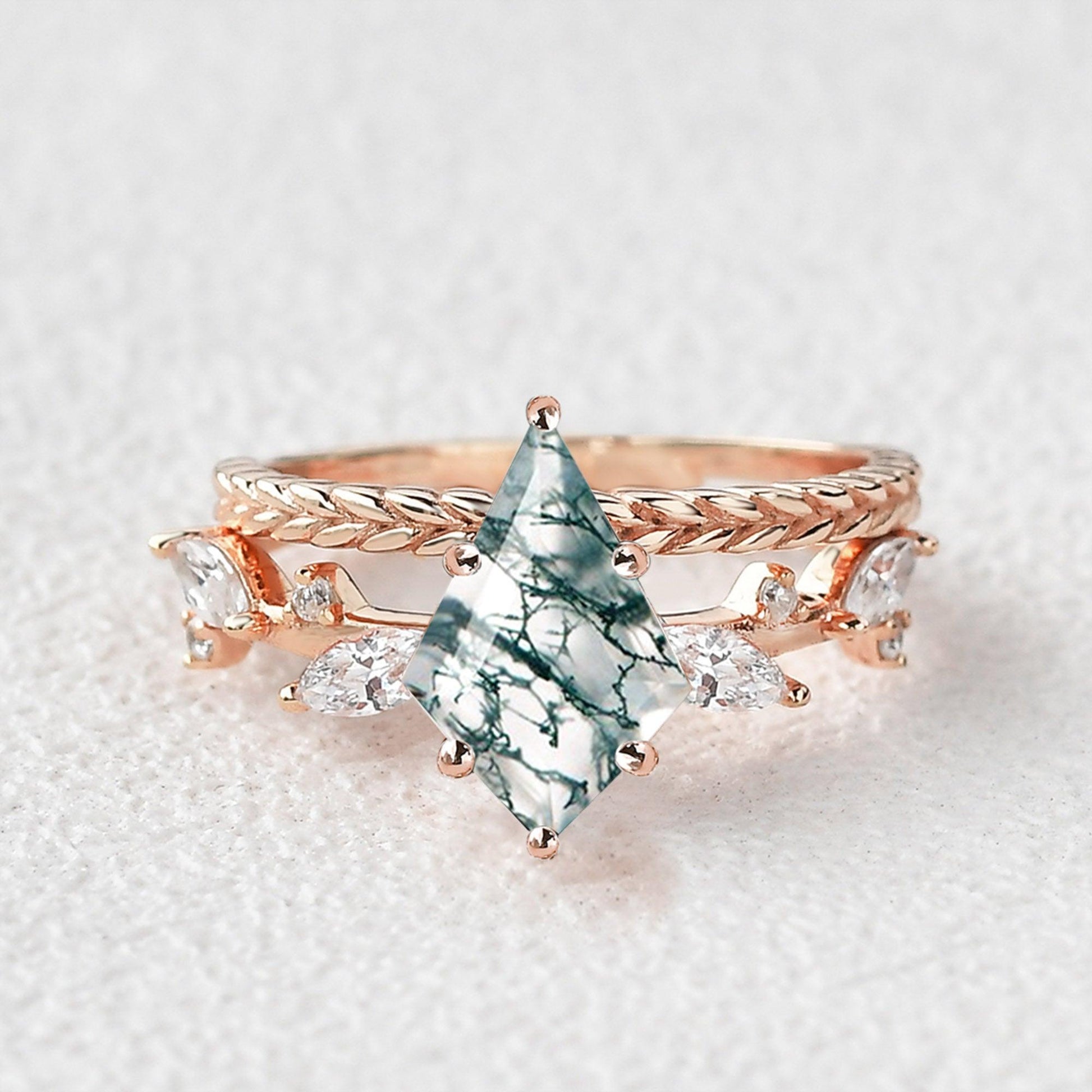 Kite Cut Moss Agate Leafy Vintage Engagement Ring Set 2pcs - Kelp