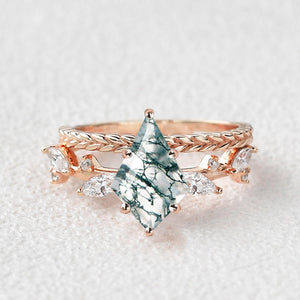Kite Cut Moss Agate Leafy Vintage Engagement Ring Set 2pcs - Kelp