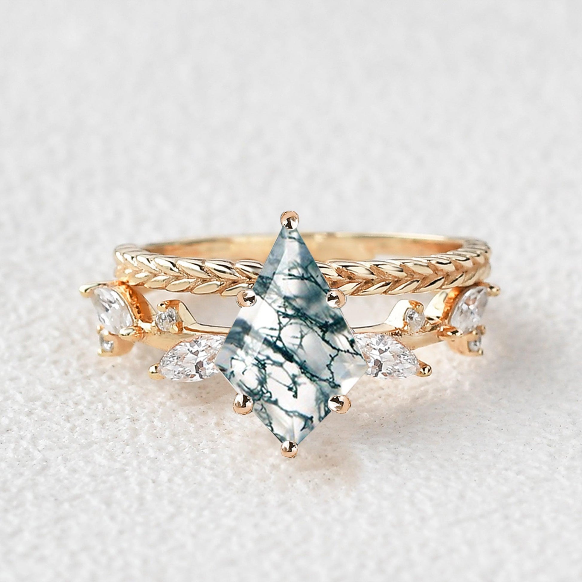 Kite Cut Moss Agate Leafy Vintage Engagement Ring Set 2pcs - Kelp