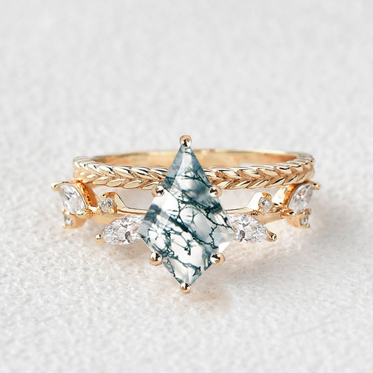 Kite Cut Moss Agate Leafy Vintage Engagement Ring Set 2pcs - Kelp