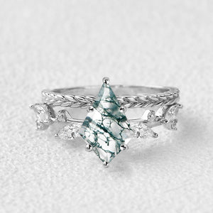 Kite Cut Moss Agate Leafy Vintage Engagement Ring Set 2pcs - Kelp
