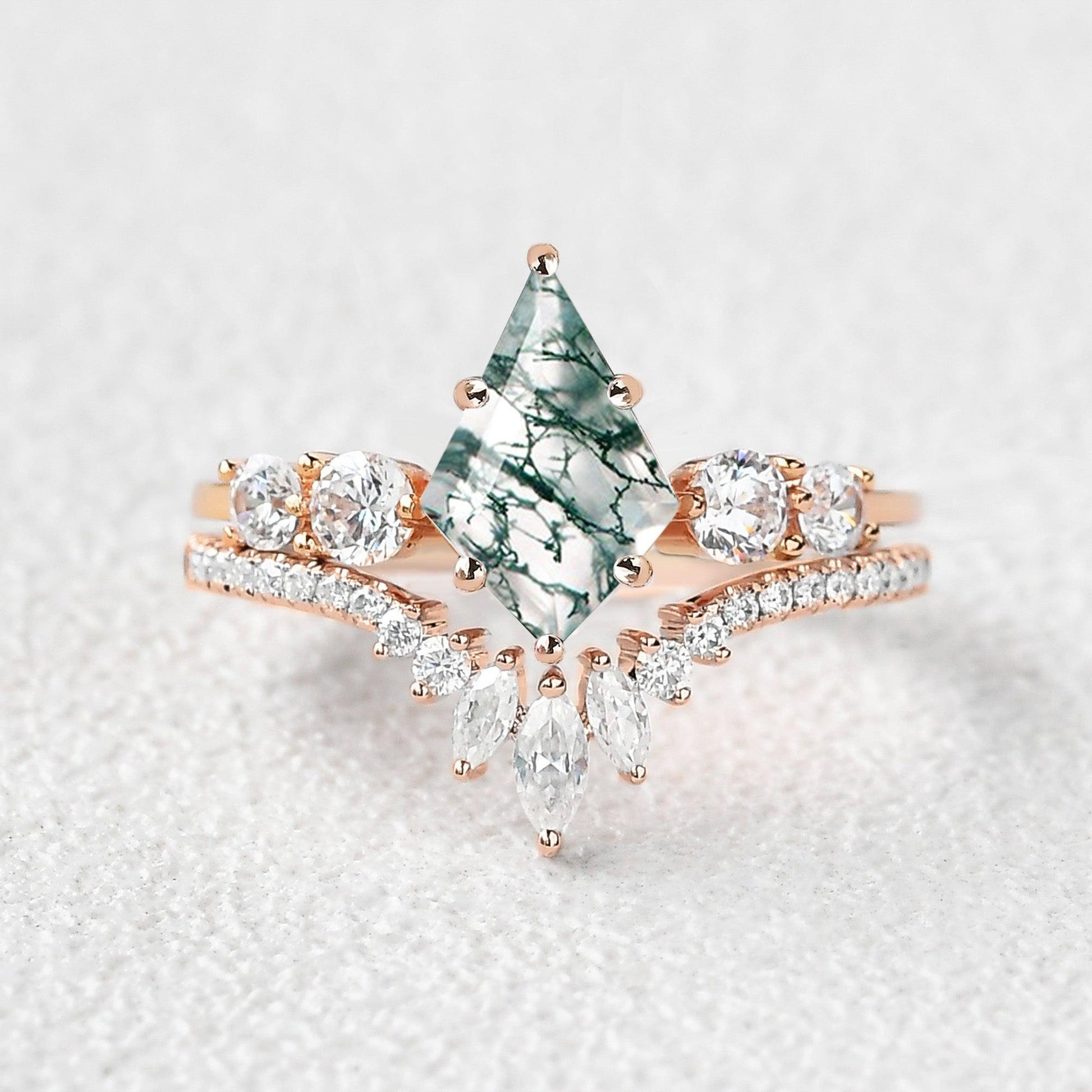 Round Staccato Kite Cut Moss Agate Engagement Ring Set 2pcs