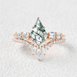 Round Staccato Kite Cut Moss Agate Engagement Ring Set 2pcs