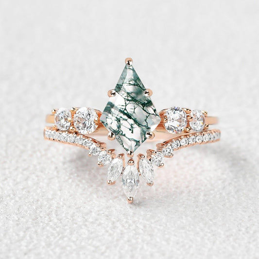 Round Staccato Kite Cut Moss Agate Engagement Ring Set 2pcs