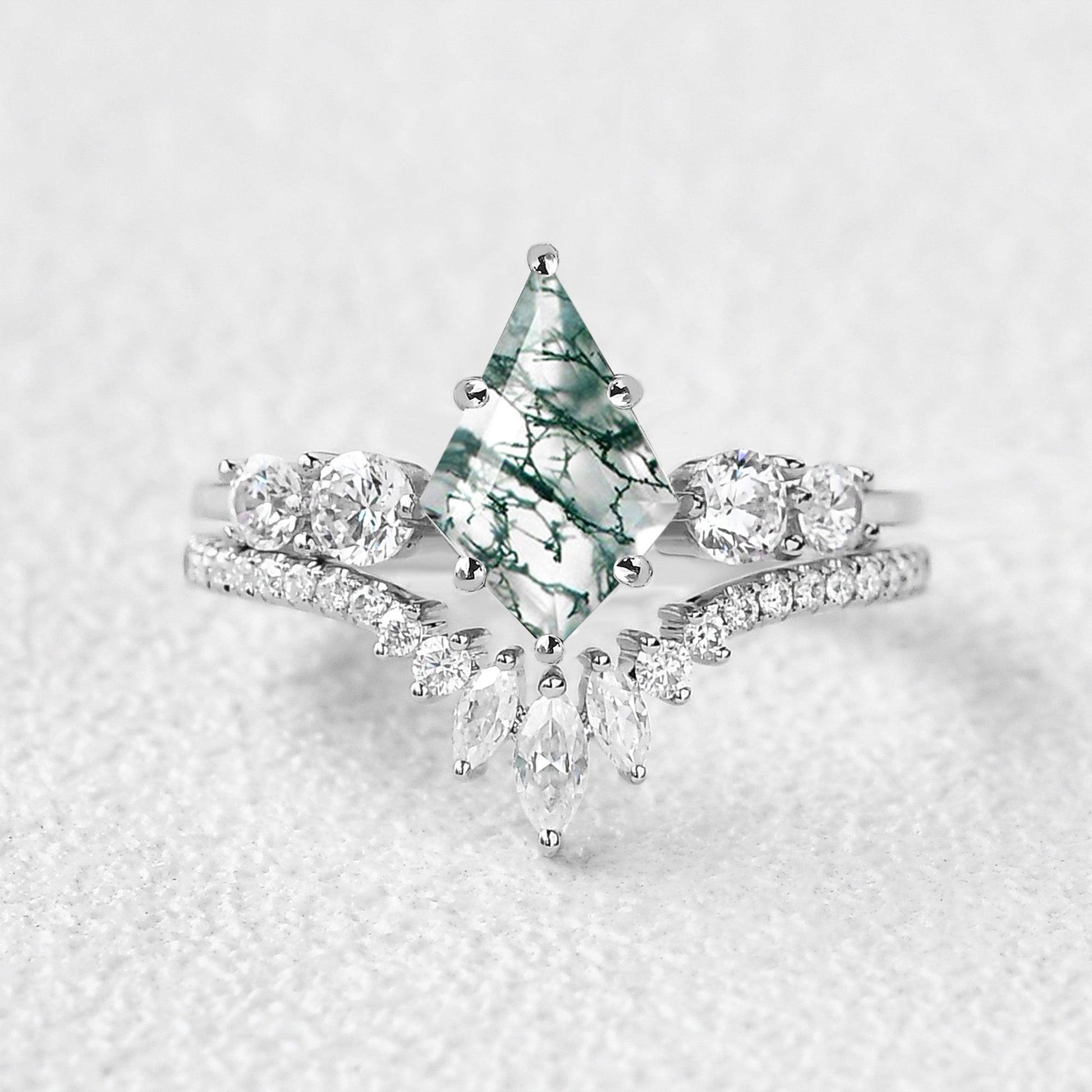 Round Staccato Kite Cut Moss Agate Engagement Ring Set 2pcs