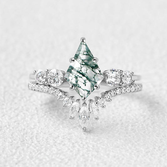 Round Staccato Kite Cut Moss Agate Engagement Ring Set 2pcs