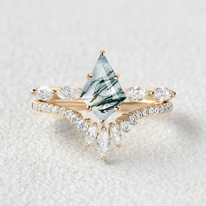 Marquise Staccato Kite Cut Moss Agate Engagement Ring Set 2pcs