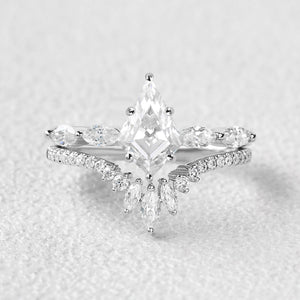 Marquise Staccato Kite Cut Moss Agate Engagement Ring Set 2pcs