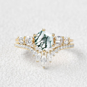 Round Staccato Hexagon Moss Agate Engagement Ring Set 2pcs