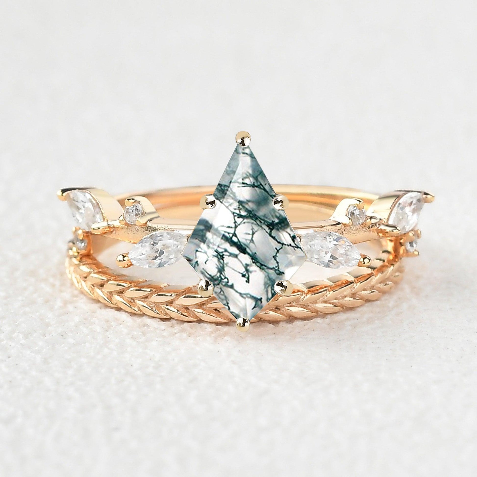 Kite Cut Moss Agate Leafy Vintage Engagement Ring Set 2pcs - Kelp