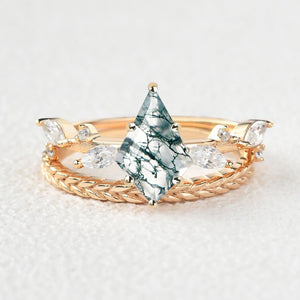 Kite Cut Moss Agate Leafy Vintage Engagement Ring Set 2pcs - Kelp