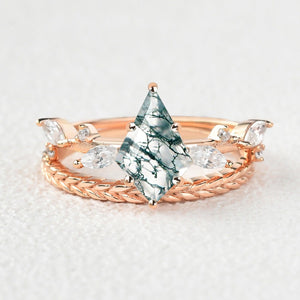 Kite Cut Moss Agate Leafy Vintage Engagement Ring Set 2pcs - Kelp