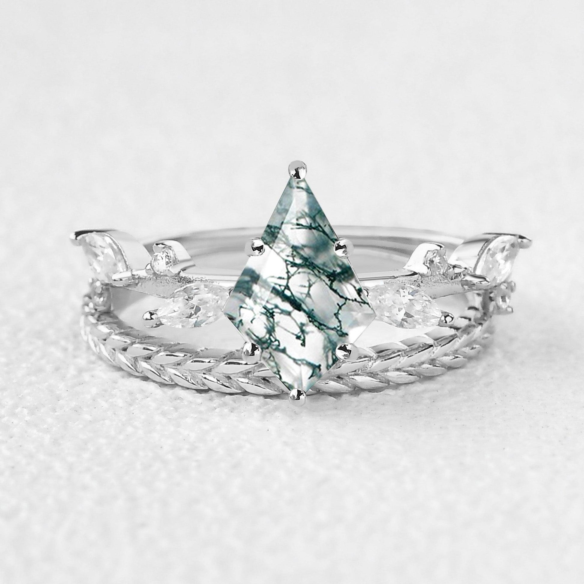 Kite Cut Moss Agate Leafy Vintage Engagement Ring Set 2pcs - Kelp