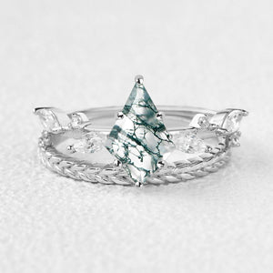 Kite Cut Moss Agate Leafy Vintage Engagement Ring Set 2pcs - Kelp