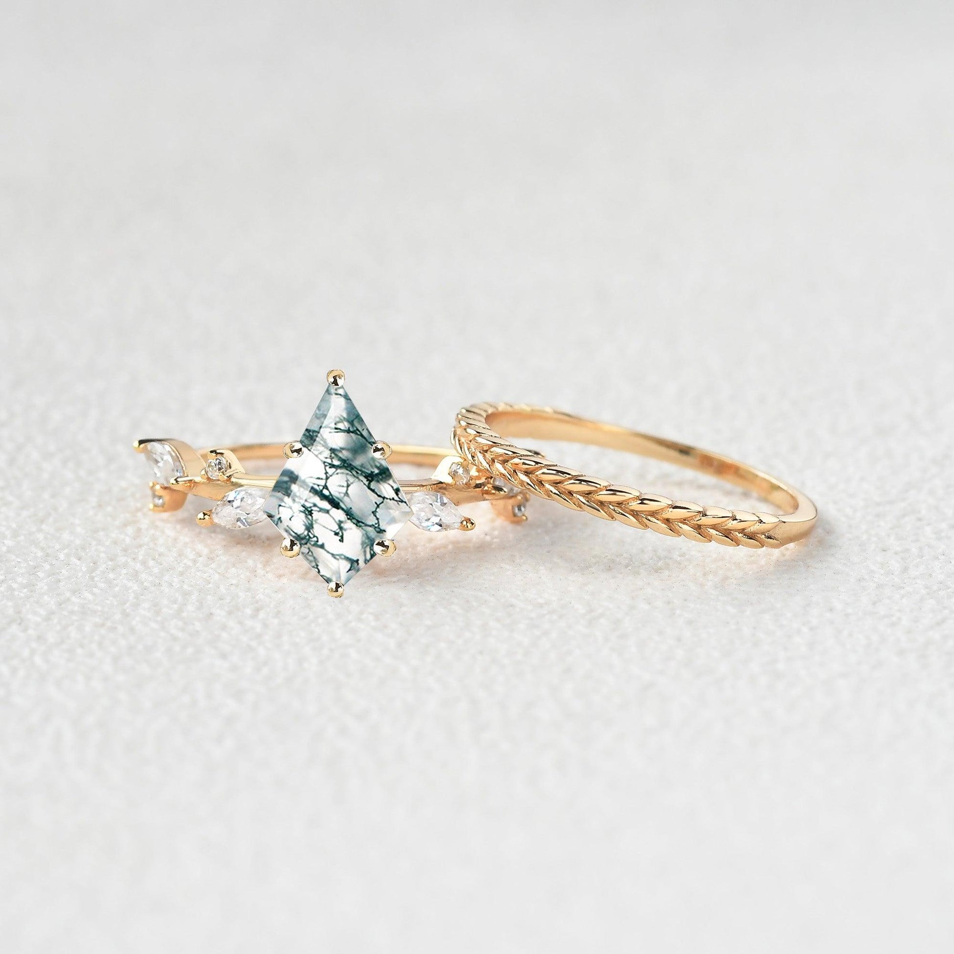 Kite Cut Moss Agate Leafy Vintage Engagement Ring Set 2pcs - Kelp