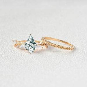 Kite Cut Moss Agate Leafy Vintage Engagement Ring Set 2pcs - Kelp