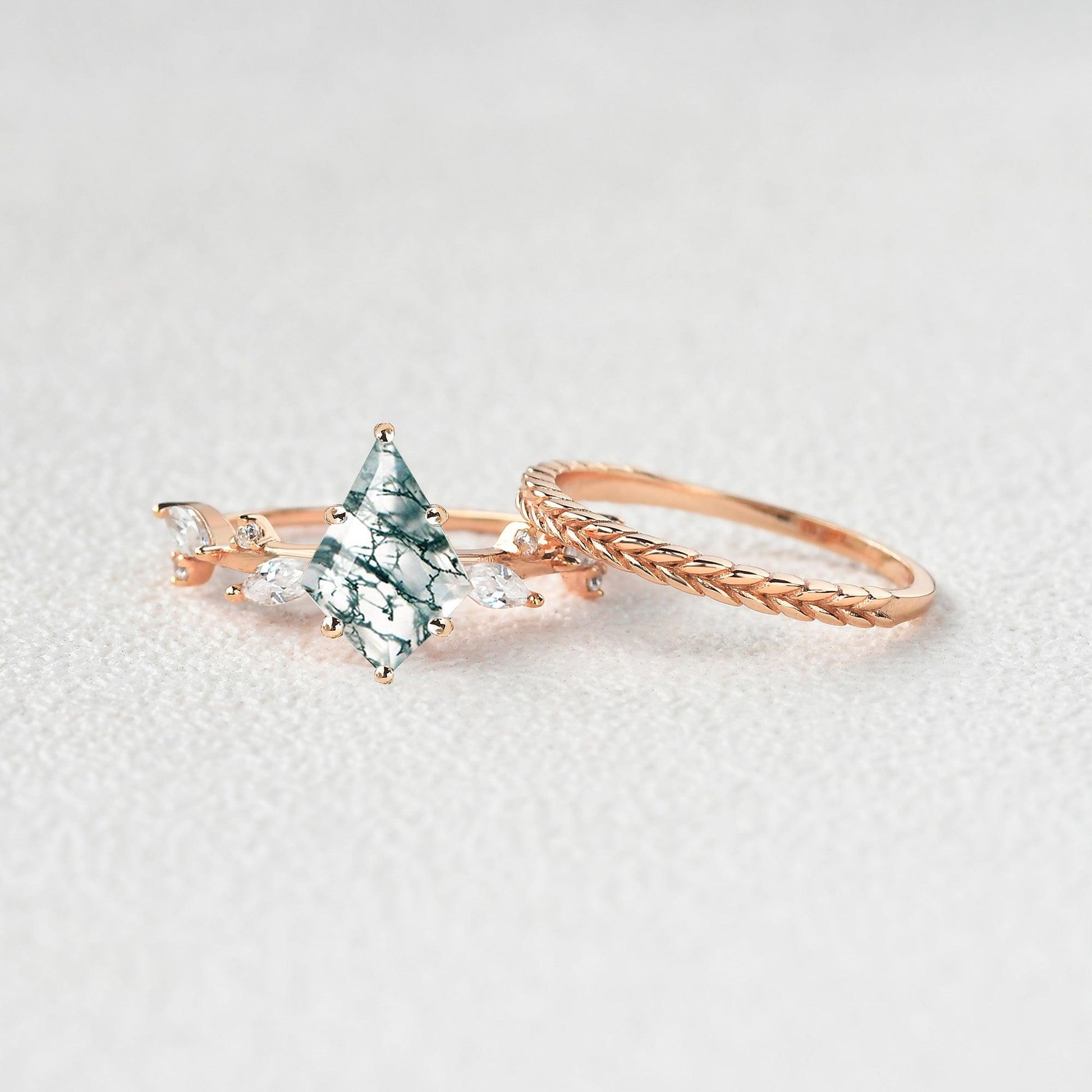 Kite Cut Moss Agate Leafy Vintage Engagement Ring Set 2pcs - Kelp