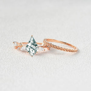 Kite Cut Moss Agate Leafy Vintage Engagement Ring Set 2pcs - Kelp
