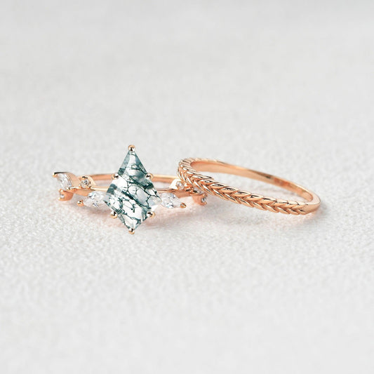 Kite Cut Moss Agate Leafy Vintage Engagement Ring Set 2pcs - Kelp